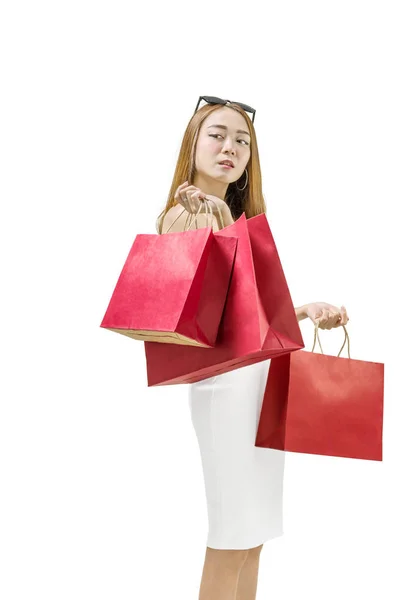 Retrato Mujer Asiática Vestido Blanco Sosteniendo Bolsas Aisladas Sobre Fondo —  Fotos de Stock