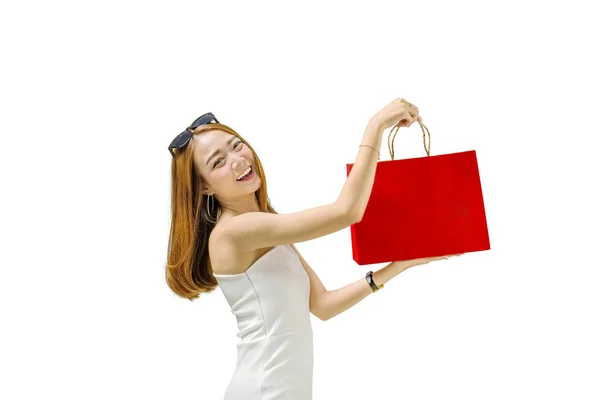 Feliz Ásia Menina Vestindo Branco Vestido Segurando Compras Sacos Isolado — Fotografia de Stock