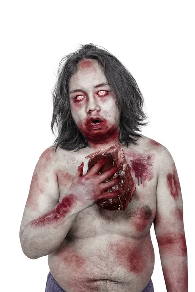 Portret Van Aziatische Zombie Man Bloedige Vlees Staande Houden Geïsoleerd — Stockfoto