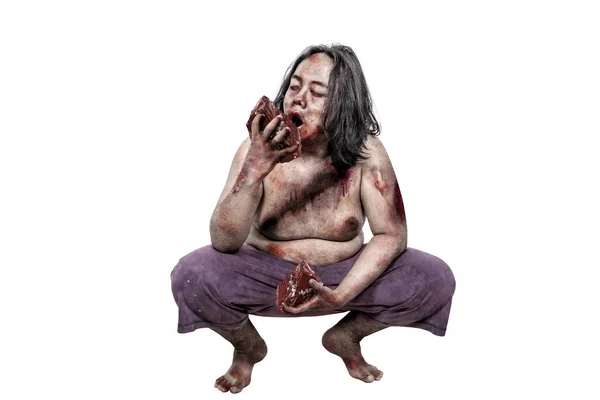 Creepy Zombie Man Eating Bloody Raw Meat Isolated White Background — Stock Photo, Image