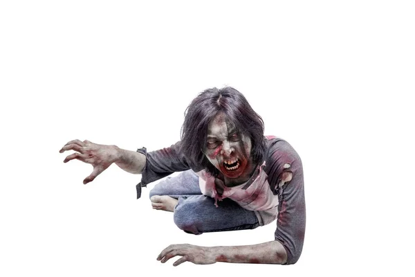 Portrait Asian Zombie Man Crawling Hands Posing Isolated White Background — Stock Photo, Image