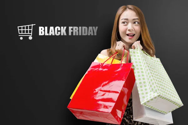 Cheerful Asian Woman Many Shopping Bags Black Friday Concept — Stock Photo, Image
