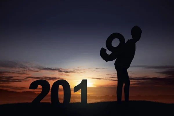 Silhouette Female Construction Workers Create 2019 Happy New Year 2019 — Stock Photo, Image