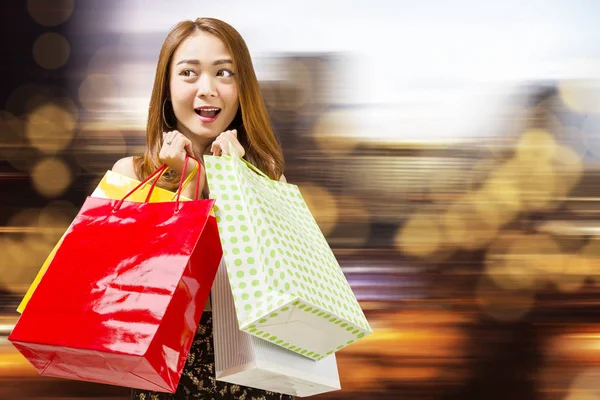 Young Chinese Woman Holding Many Shopping Bags Black Friday Concept — Stock Photo, Image