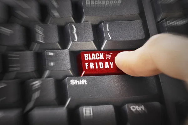 Finger Push Red Button Black Friday Text Keyboard — Stock Photo, Image