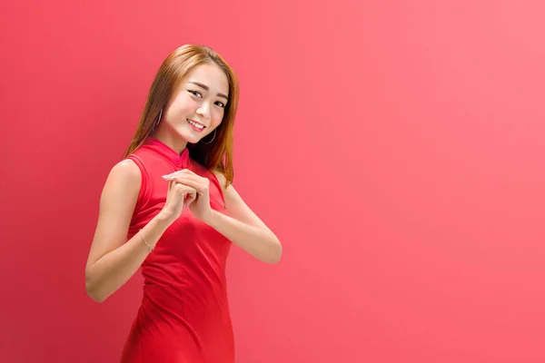 Porträtt Kinesisk Kvinna Folkdräkt Med Gratulationen Gest Happy Kinesiska Nyåret — Stockfoto
