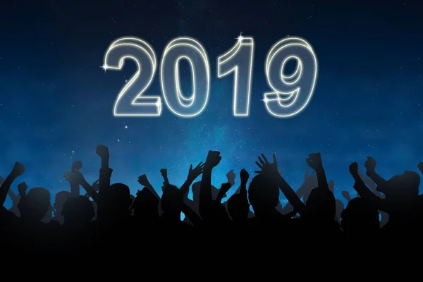 Silhouette Der Menge Menschen Feiern Neujahr 2019 Frohes Neues Jahr — Stockfoto