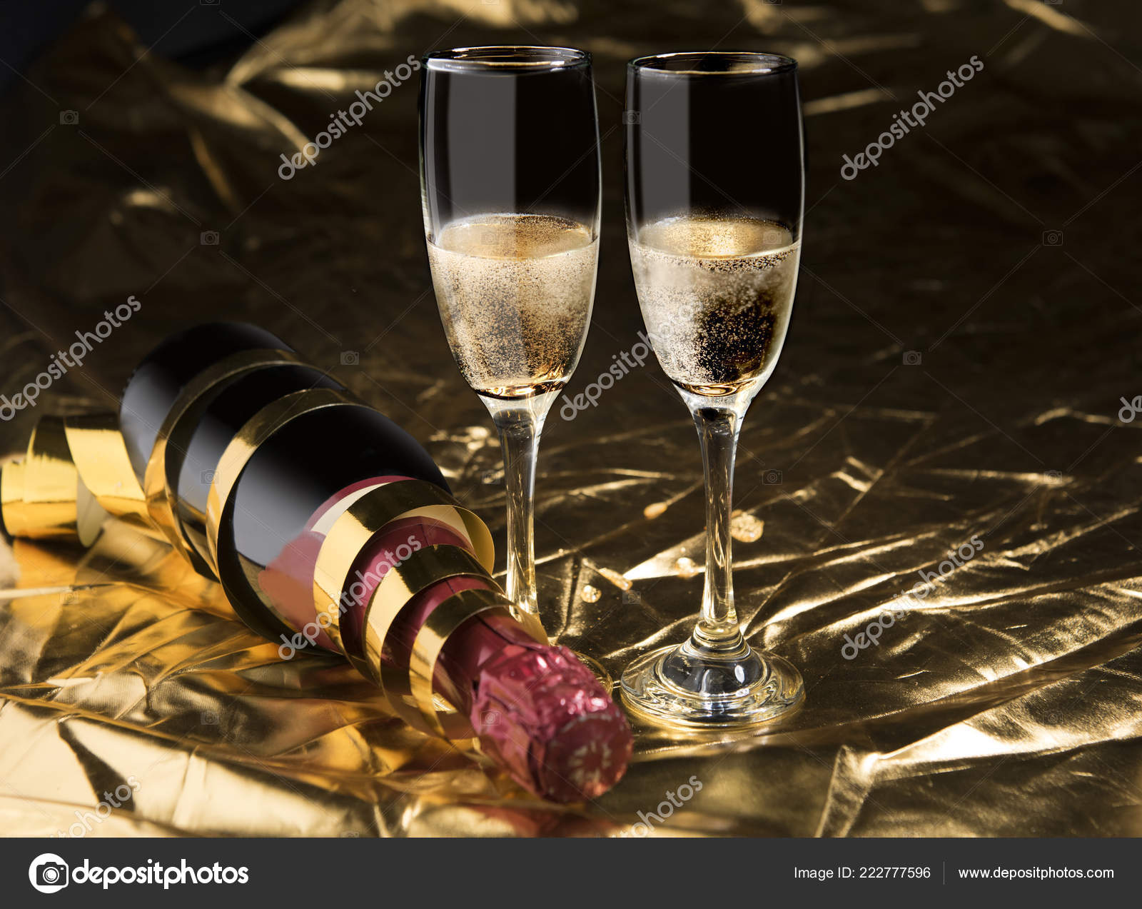 Wine Bottle Pair White Wine Glass Golden Background Party Celebration
