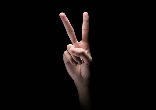 Férfi Keze Két Ujját Jele Vagy Béke Gesztus Mint Sötét — Stock Fotó