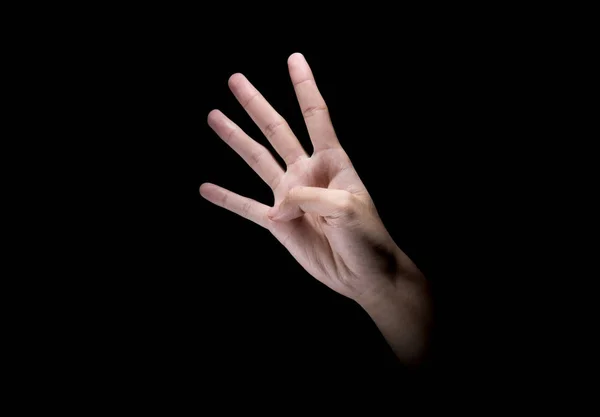 Mãos Masculinas Com Sinal Quatro Dedos Sobre Fundo Escuro — Fotografia de Stock