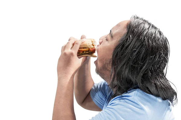 Portrait Asian Fat Man Eating Hamburger Posing Isolated White Background — Stock Photo, Image