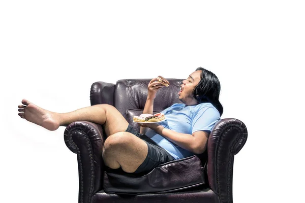 Asian Fat Man Snacking Donuts Couch Isolated White Background Fat — Stock Photo, Image