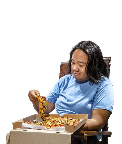 Portrait Asian Fat Man Sitting Eating Slice Pizza Isolated White — Stock Photo, Image