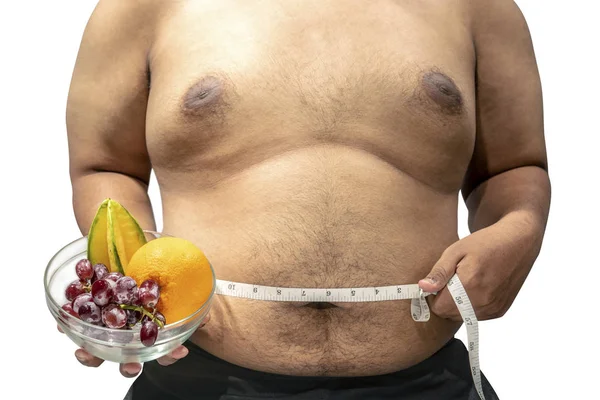 Hombre Sosteniendo Fruta Tazón Midiendo Estómago Con Cinta Métrica Aislada — Foto de Stock