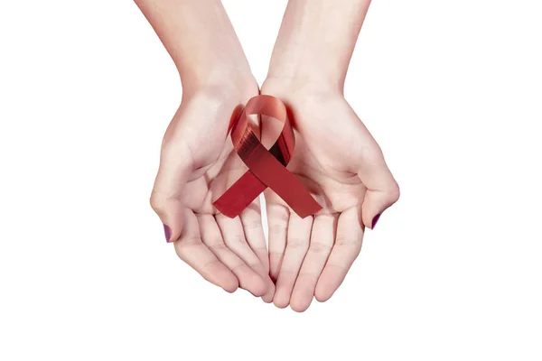 红色丝带 Hiv 帮助在妇女手查出在白色背景 世界艾滋病日 — 图库照片
