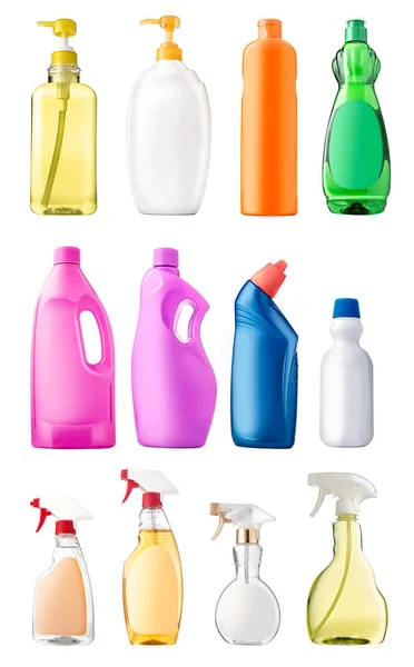 Samling Rengöring Flaska Produkt Med Olika Display Isolerade Över Vit — Stockfoto