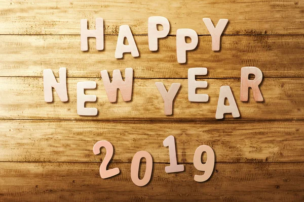 Feliz Año Nuevo 2019 Texto Sobre Mesa Madera Feliz Año — Foto de Stock