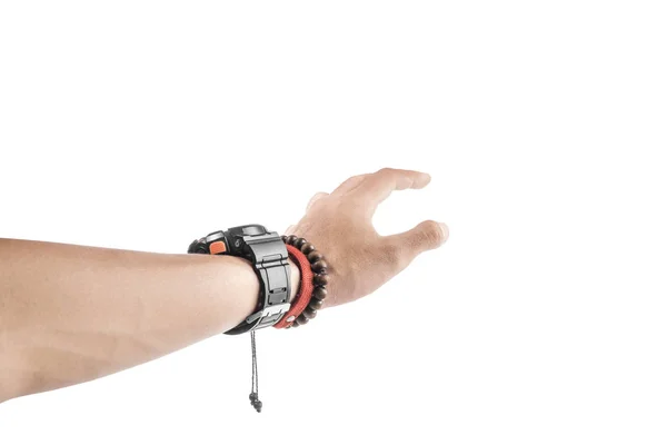 Mannelijke Handen Met Polshorloge Armband Willen Bereiken Iets Poseren Geïsoleerd — Stockfoto
