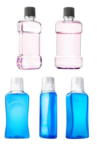 Colección Enjuague Bucal Agua Con Diferentes Botellas Pantalla Aislada Sobre — Foto de Stock