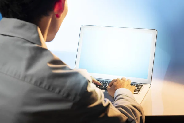 Businessman Using Laptop Empty Screen Copy Space Desk — Stock Photo, Image