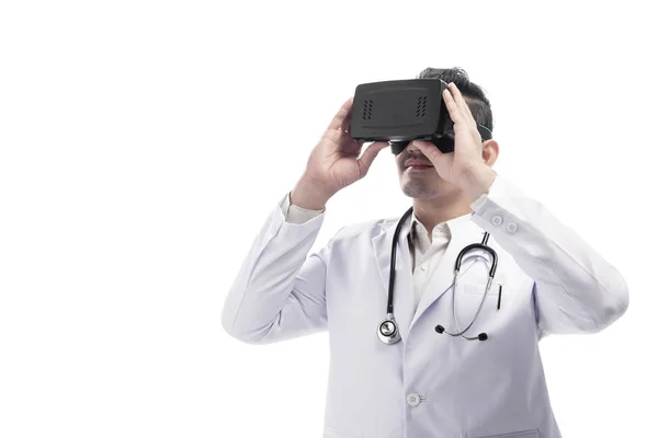 Young Asian Doctor Man White Lab Coat Stethoscope Using Virtual — Stock Photo, Image