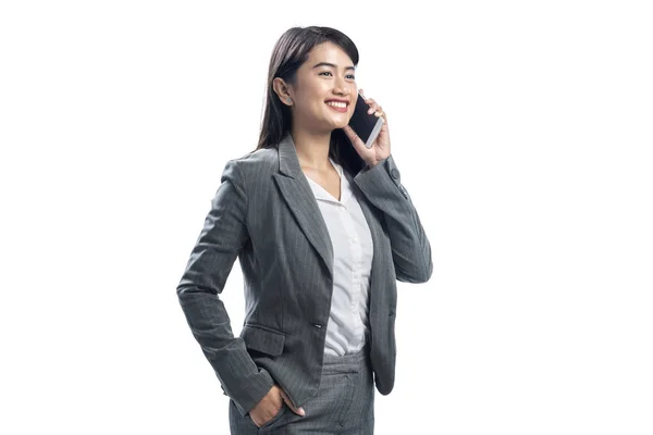 Portrait Asian Business Woman Talking Phone Standing Isolated White Background — Stock Photo, Image