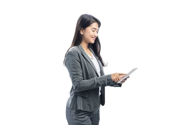 Portrait Asian Business Woman Using Digital Tablet Posing Isolated White — Stock Photo, Image