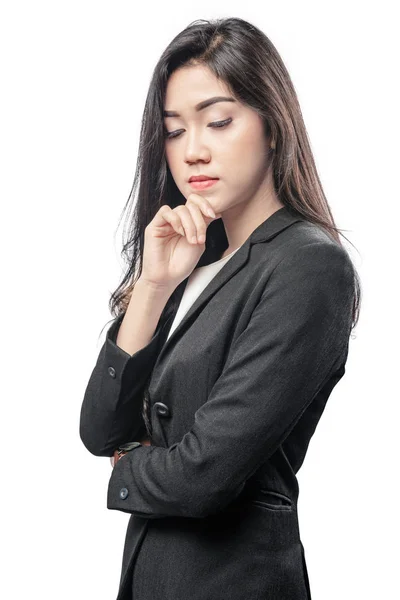 Młody Azjatycki Biznes Kobieta Myśli Coś Stojąc Białym Tle Nad — Zdjęcie stockowe