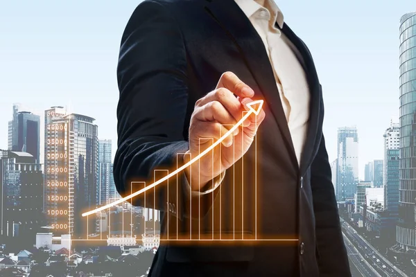 Businessman Drawing Increasing Digital Charts Virtual Screen Business Concept — Stock Photo, Image