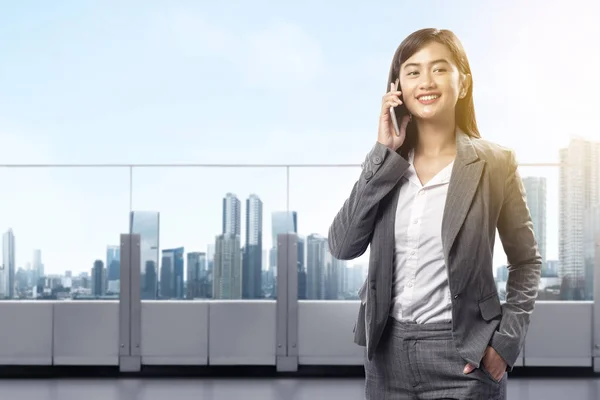 Young Asian Business Woman Call Office Terrace — Stock Photo, Image