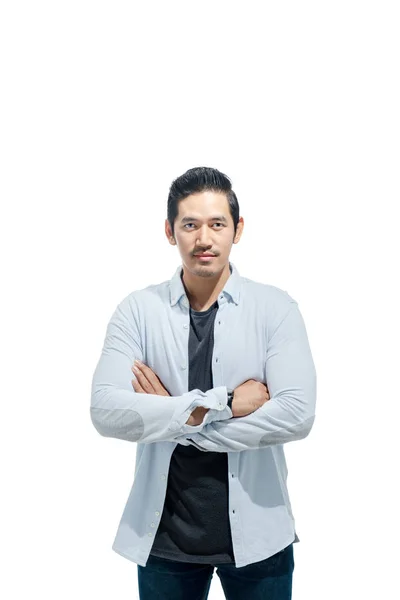 Handsome Asian Man Casual Cloth Crossed Arms Standing Isolated White — Stock Photo, Image