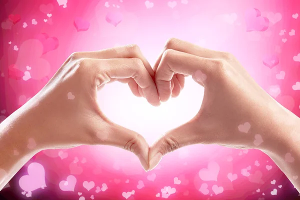 Human Hands Making Heart Shape Pink Background Valentines Day — Stock Photo, Image