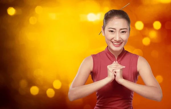 Beautiful Chinese Woman Cheongsam Dress Gesture Congratulation Happy Chinese New — Stock Photo, Image
