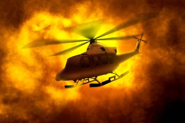 Turuncu duman bulutlar gökyüzünde uzak uçan helikopter