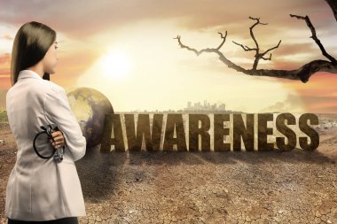 Çevre için küresel ısınmanın etkisi bakarak stetoskop ile Pretty Asya Doktor kadın. Küresel bilinç kavramı