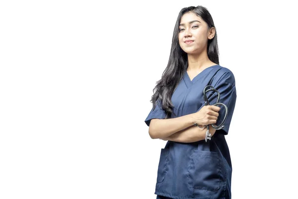 Smiling Asian Doctor Woman Stethoscope Her Hands Standing Isolated White — Stock Photo, Image