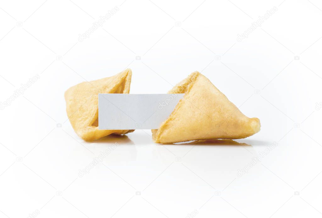 Fortune cookie with blank white paper on white background