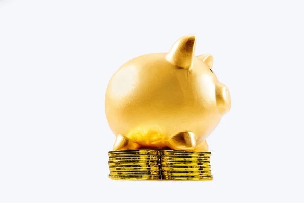 Zijaanzicht Van Piggy Bank Stapels Van Gouden Munten — Stockfoto