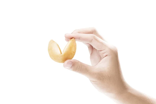 Mano Humana Sosteniendo Galleta Fortuna Sobre Fondo Blanco —  Fotos de Stock