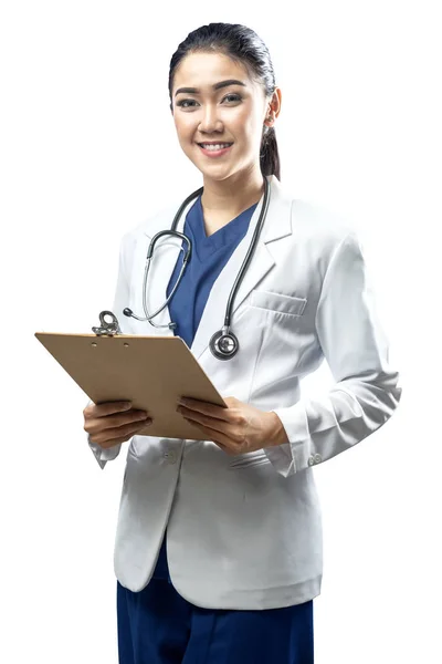 Portrait Asian Woman Doctor White Coat Stethoscope Holding Clipboard Isolated — Stok Foto