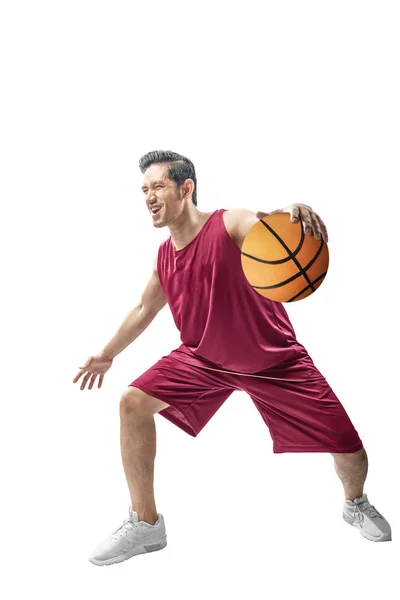 Asiatisk Mand Basketball Spiller Isoleret Hvid Baggrund - Stock-foto