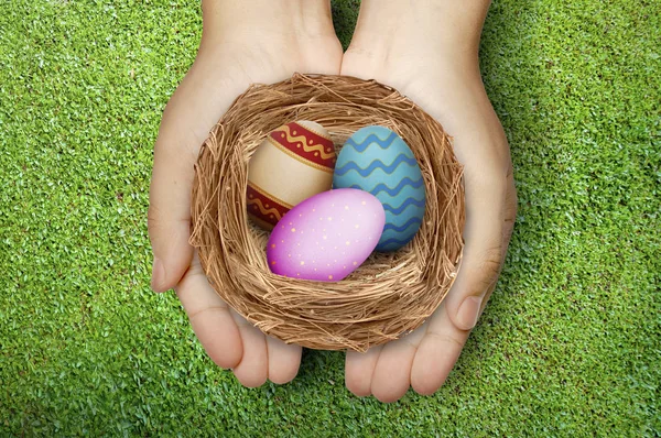 Human hands holding nest with colorful easter eggs over green grass background. Happy Easter