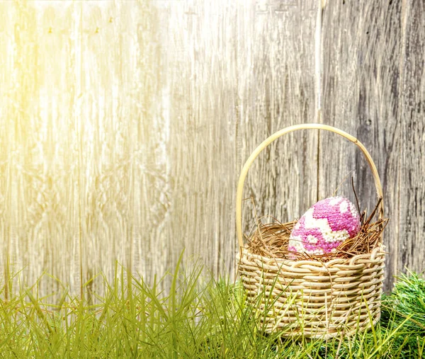 Bunte Ostereier Nest Auf Einem Holzkorb Grünen Gras Mit Sonnenlicht — Stockfoto