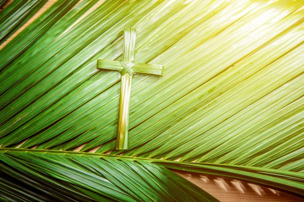 Palmiye dallarında çapraz yaprak şekli ve ahşap arka planda ışın. Palm Sunday konsepti