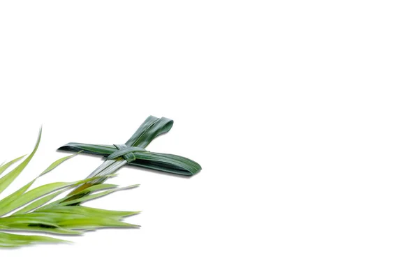 Vista Cerca Forma Cruz Hoja Palma Con Hojas Verdes Aisladas —  Fotos de Stock