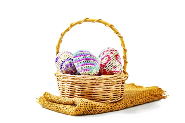 Colorful Easter Eggs Wooden Basket Fabric Isolated White Background Happy — Stock Photo, Image