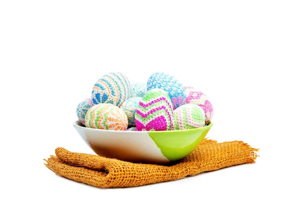 Colorful Easter Eggs Bowl Fabric Mat Isolated White Background Happy — Stock Photo, Image