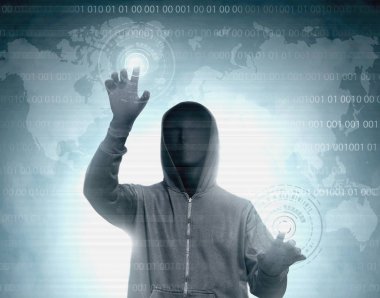 İkili kod ile sanal ekran dokunaklı siyah hoodie hacker