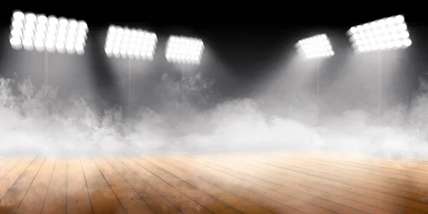 Sports arena with wooden floor with smokes and spotlights — Stock Photo, Image