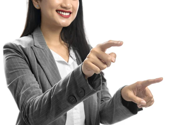 Sorrindo asiático mulher de negócios tocar algo com ela ambos finge — Fotografia de Stock